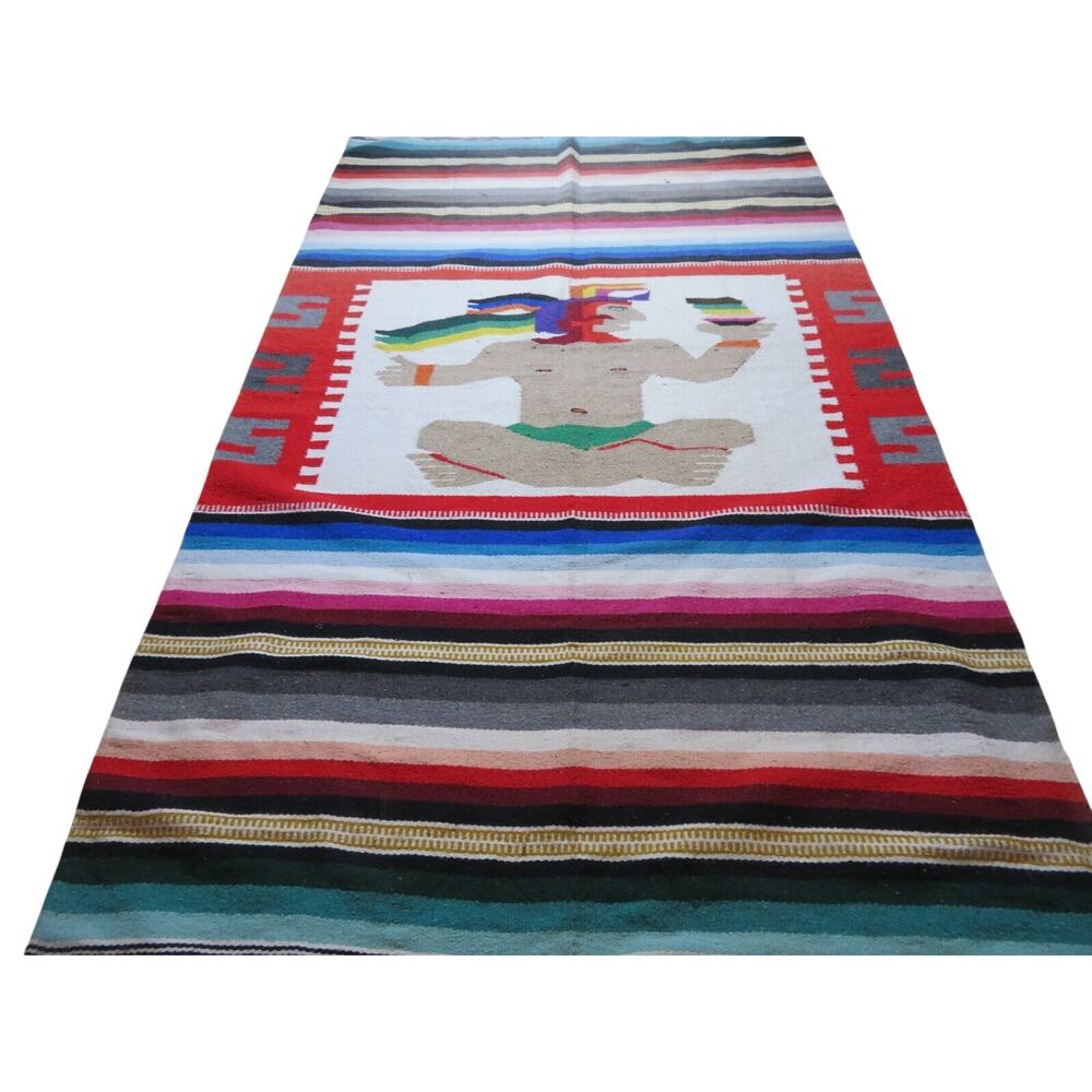 Woven Mexican Style Rug Aztec Design Fringe Beige Gray Black Burgundy Blue 48X84